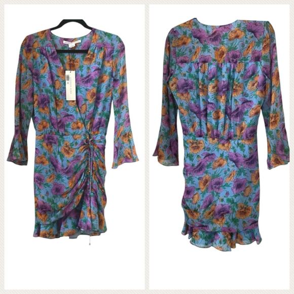 Veronica Beard Silk Sean Ruched Floral Mini Dress In Lake Blue Multi Size 0 - Picture 3 of 16